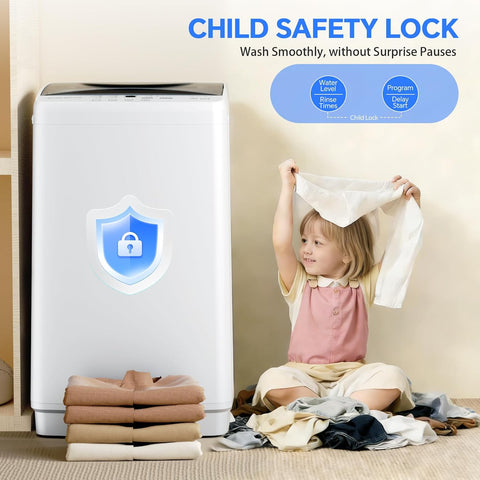 Portable Washing Machine, 1.06 Cu.Ft. Full-Automatic Laundry Machine with Child Safety Lock, 10 Wash Cycles & 3 Water Levels, 7.7 LBS Compact Washer for Apartment Dorm RV Camping, White