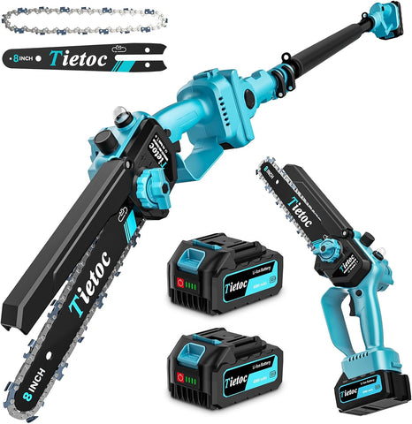 TIETOC 2-in-1 Brushless Pole Saw for Tree Trimming – 8" Mini Electric Chainsaw with 2×4000mAh Batteries, Auto Oiling, Tool-Free Adjustment,Cordless Battery Powered Saw for Home Garden Branch Cutting