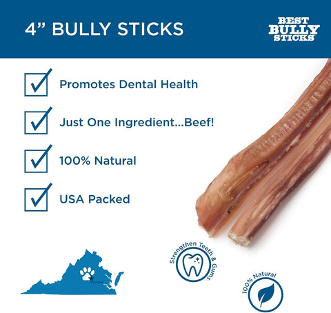 Best Bully Sticks 4 Inch Bully Sticks for Dogs - 8 oz (Pack of 1) - Natural Grass-Fed Dog Treats Small Breed, Grain and Rawhide-Free, Perfect for Small or Young Canines