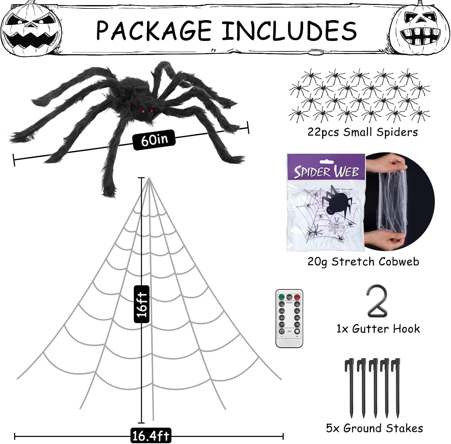 Spider Web Halloween Decorations Outdoor Lights, 125 Purple LED Light Up 16.4Ft Giant Spiderweb & 60" Large Spider & 22 Small Spiders & 20g Stretch Cobweb, 8 Modes Lighted Decor for Yard Outside