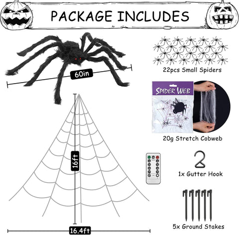 Spider Web Halloween Decorations Outdoor Lights, 125 Purple LED Light Up 16.4Ft Giant Spiderweb & 60" Large Spider & 22 Small Spiders & 20g Stretch Cobweb, 8 Modes Lighted Decor for Yard Outside