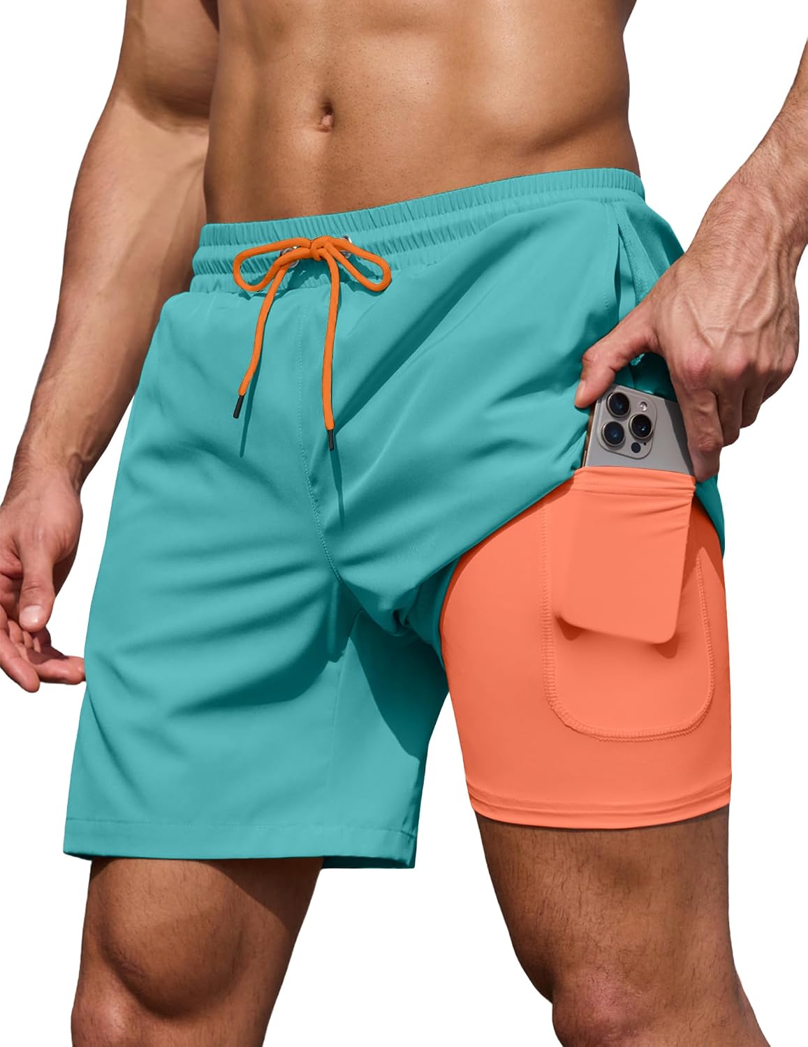 COOFANDY Men's 7" Swim Trunks with Compression Liner Stretch Swimming Shorts with Zipper Pockets