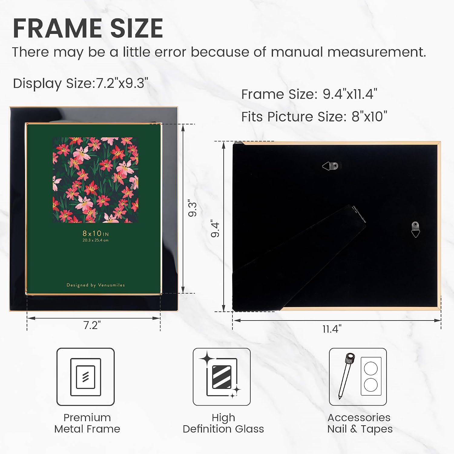 8x10 Enamel Picture Frame, Gold Edge, Black Enamel, Tabletop & Wall, 1pc