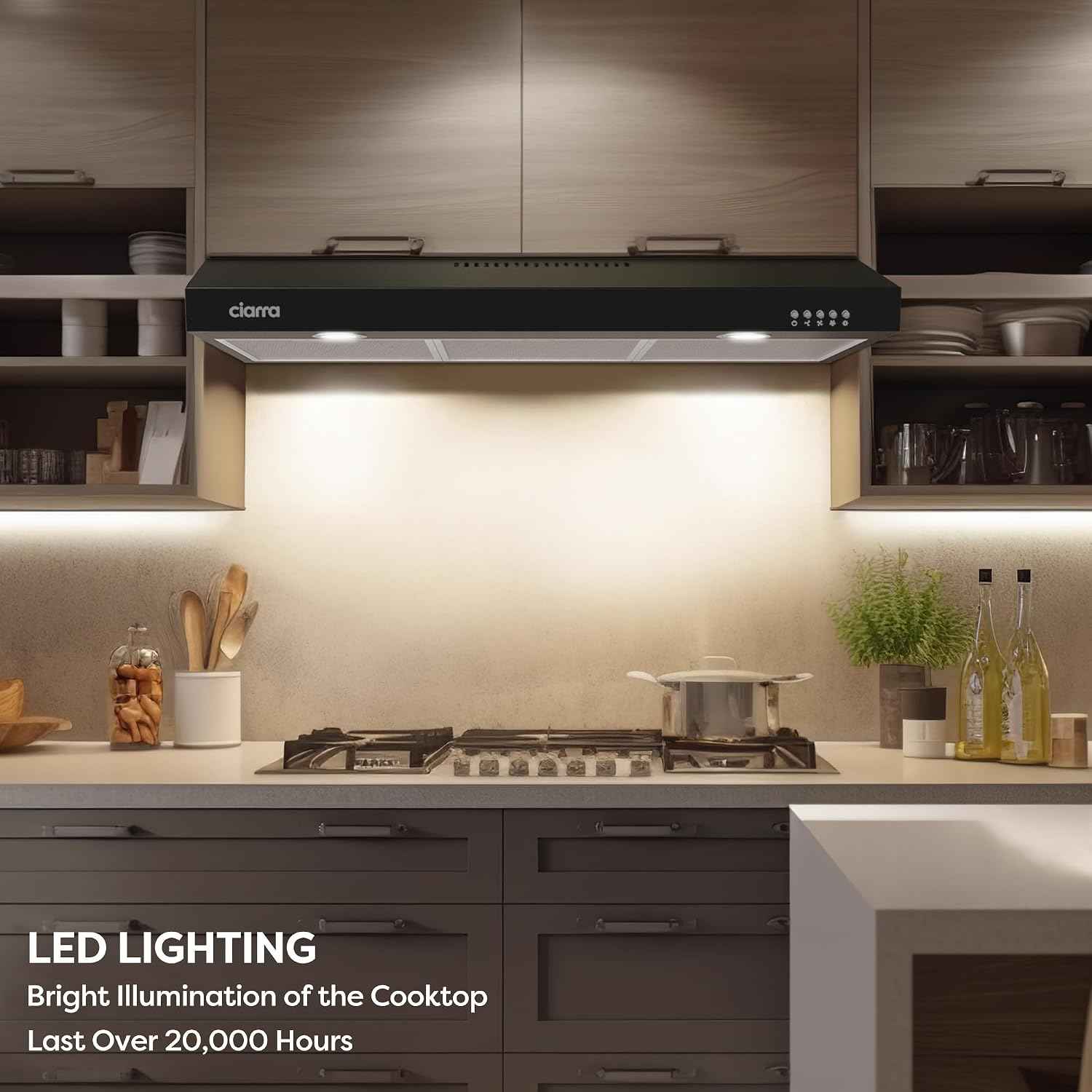 CIARRA Black Range Hood 30 inch Under Cabinet Ductless Ducted Convertible, Slim Kitchen Stove Vent Hood with 3 Speed Exhaust Fan