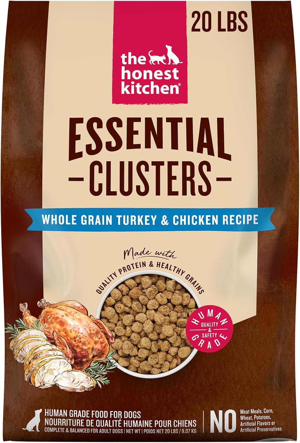 The Honest Kitchen Essential Clusters Whole Grain Turkey & Chicken Recipe, Vet-Recommended Human Grade Dry Dog Food for Adult Dogs, Nutritional Support for Skin, Coat & Overall Wellness, 20 lb Bag
