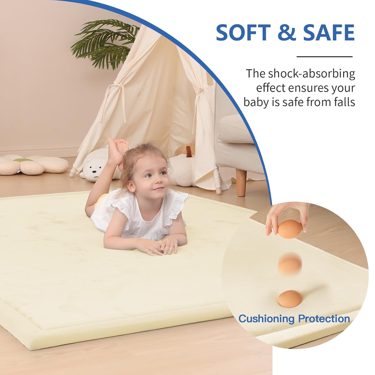 Huloo Sleep Ultra Soft Baby Play Mat for Floor,1.3" Thick Elasti-Foam 47x47 Play Mat for Playpen,Water-Repellent Coral Velvet for Tummy Time, Non-Slip Backing Safe for Toddlers & Infants（Vanilla）