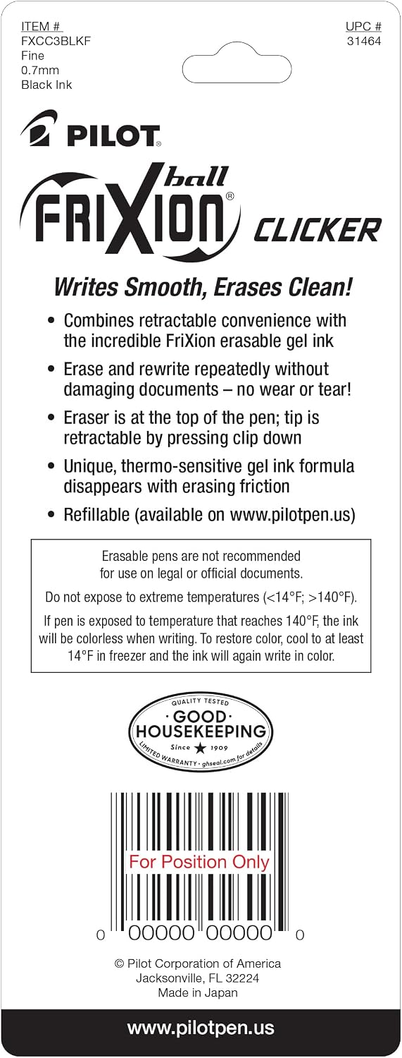 PILOT FriXion Clicker Erasable Pens, Fine Point 0.7 mm, Black Ink, 3-Pack