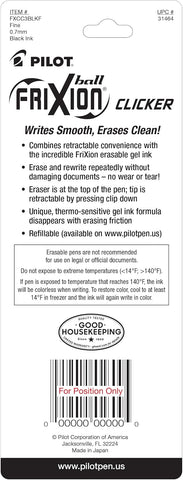 PILOT FriXion Clicker Erasable Pens, Fine Point 0.7 mm, Black Ink, 3-Pack