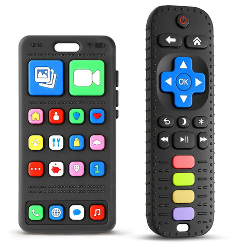 2 Pack Remote & Phone Teething Toys for 0-6 6-12 Months, BPA Free Silicone