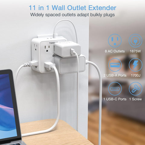 TESSAN 8 Outlet Surge Protector with 3 USB Wall Charger (1 USB C)