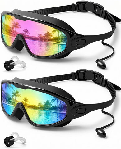 Swim Goggles 2 Pack, Wide View Anti Fog&UV Swimming Goggles for Audlt, No Leak Pool Beach Essentials for Men Women