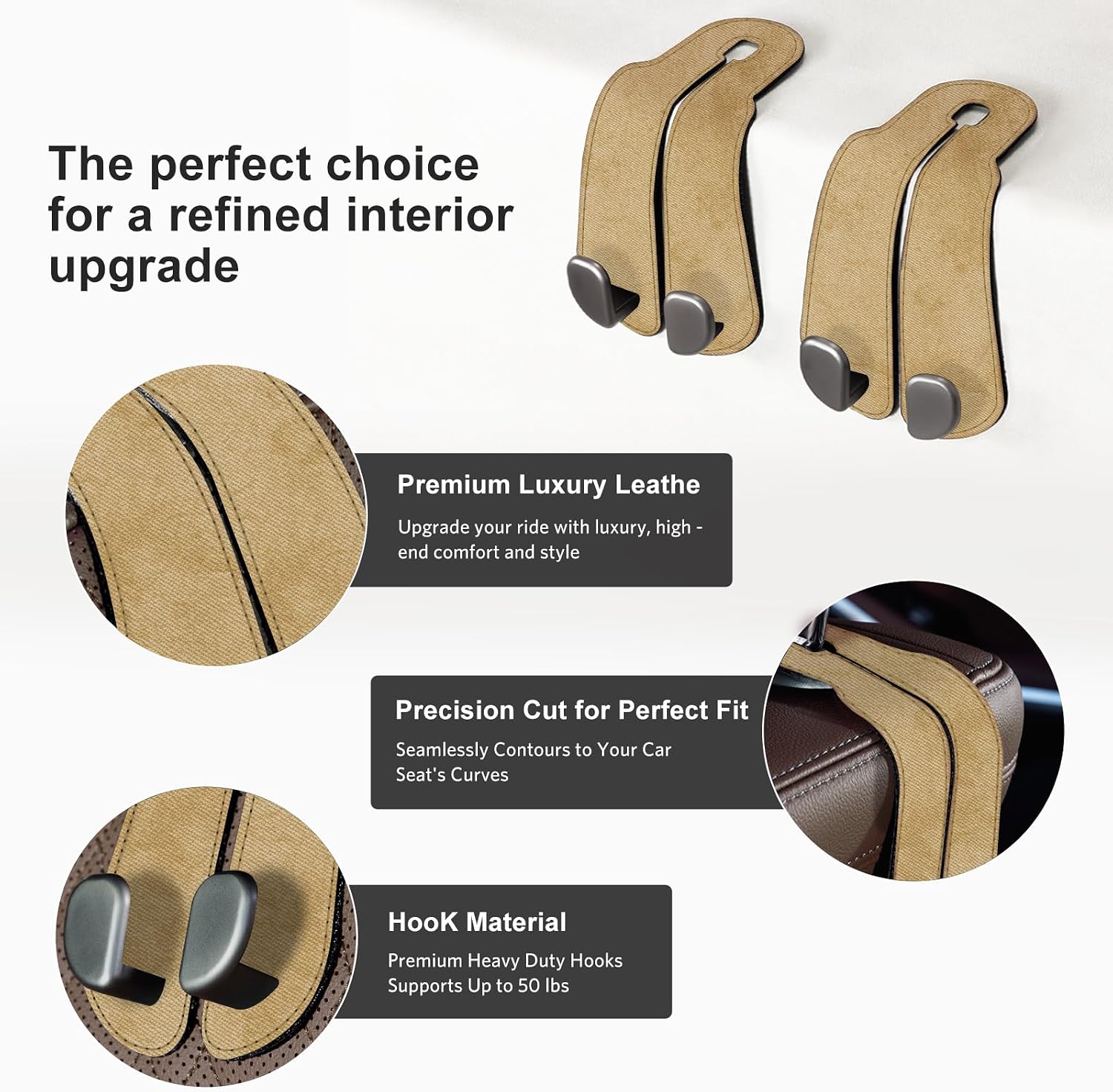 CoBak Purse Hook for Car - Universal Premium Stitched Leather and Aluminum-Magnesium Alloy Double Car Seat Back Storage Hook for Purses, Handbags, Bags (2 Pack),Linen