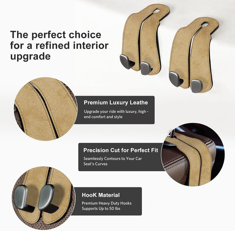 CoBak Purse Hook for Car - Universal Premium Stitched Leather and Aluminum-Magnesium Alloy Double Car Seat Back Storage Hook for Purses, Handbags, Bags (2 Pack),Linen