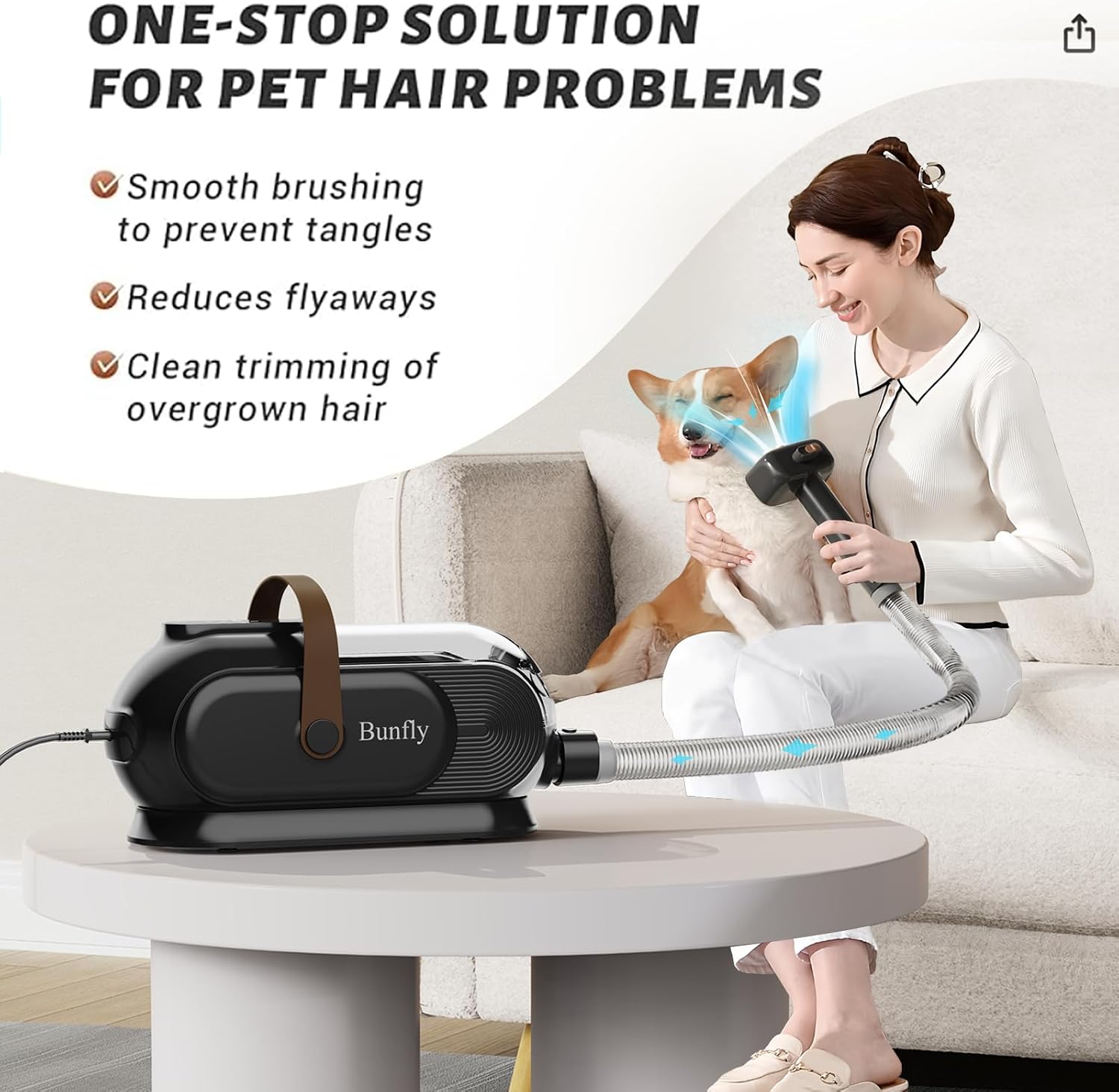 Bunfly Dog Grooming Kit with 13000kpa Strong Grooming & Vacuum Suction 99% Pet Hair,3L Capacity,11 Grooming Tools Dogs Cats and Other Animals,Home and Car Cleaning -Black