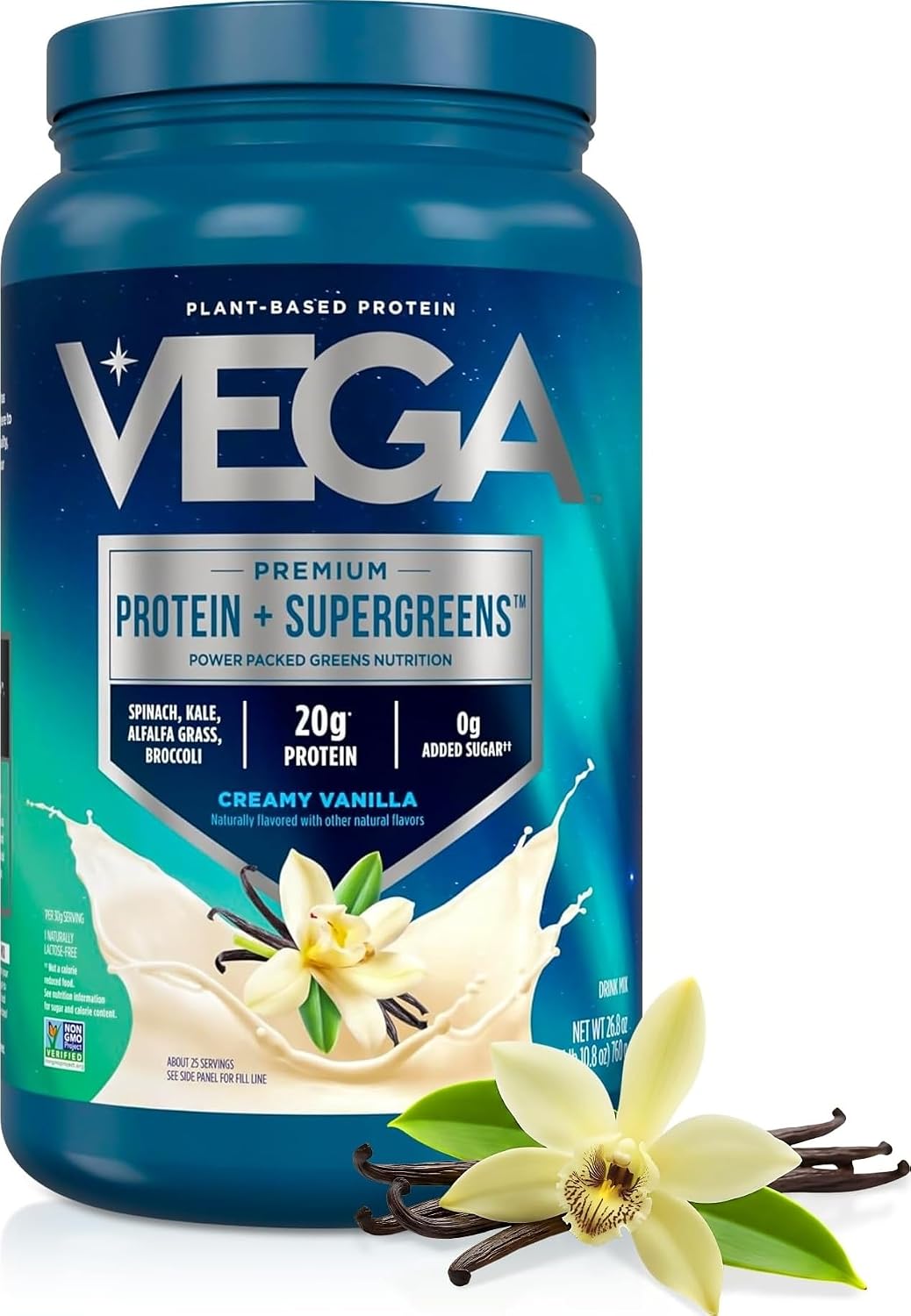Vega Premium Protein + Supergreens, Creamy Vanilla – 20g Vegan Protein, Dairy & Gluten Free, 26.9 oz (25 Servings)