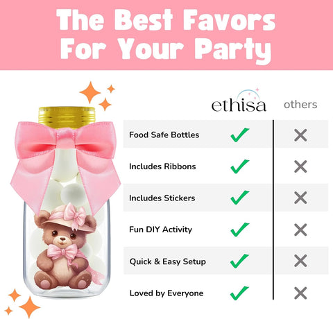 Ethisa Small 12 Pack We Can Bearly Wait Party Favors for Girl - Candy Jars with Ribbon and Stickers - DIY Party Decoration Bottles for Baby Shower and Gender Reveal - Pink Teddy Bear Table Centerpiece