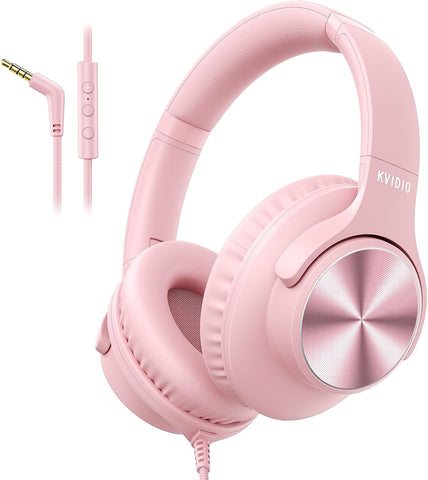 Wired Headphones with Mic, Over-Ear 3.5mm Corded Headphone for School Pink