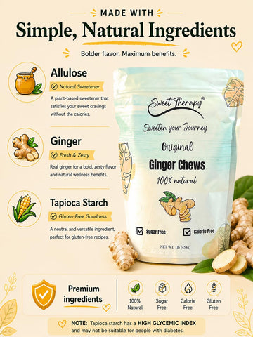 Sweet Therapy Ginger Chews Sugar Free - Sugar free ginger candy - Zero Sugar Candy - Healthy snacks - Calorie free candy - 1LB - Original flavor.