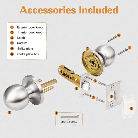 Probrico Round Passage Door Knobs Interior Hall/Closet Door Handles Brushed Nickel Ball Knobs, 3 Pack
