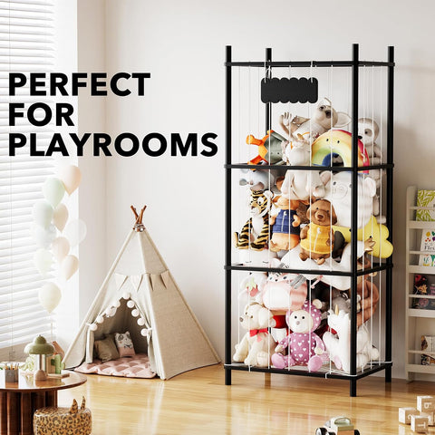 SpaceAid Stuffed Animal Storage Organizer, Wood Animals Zoo Toy Plushies Storage Holder, Large Capacity Plush Toy Cage for Playroom Organization, 22.8" Wide, Black