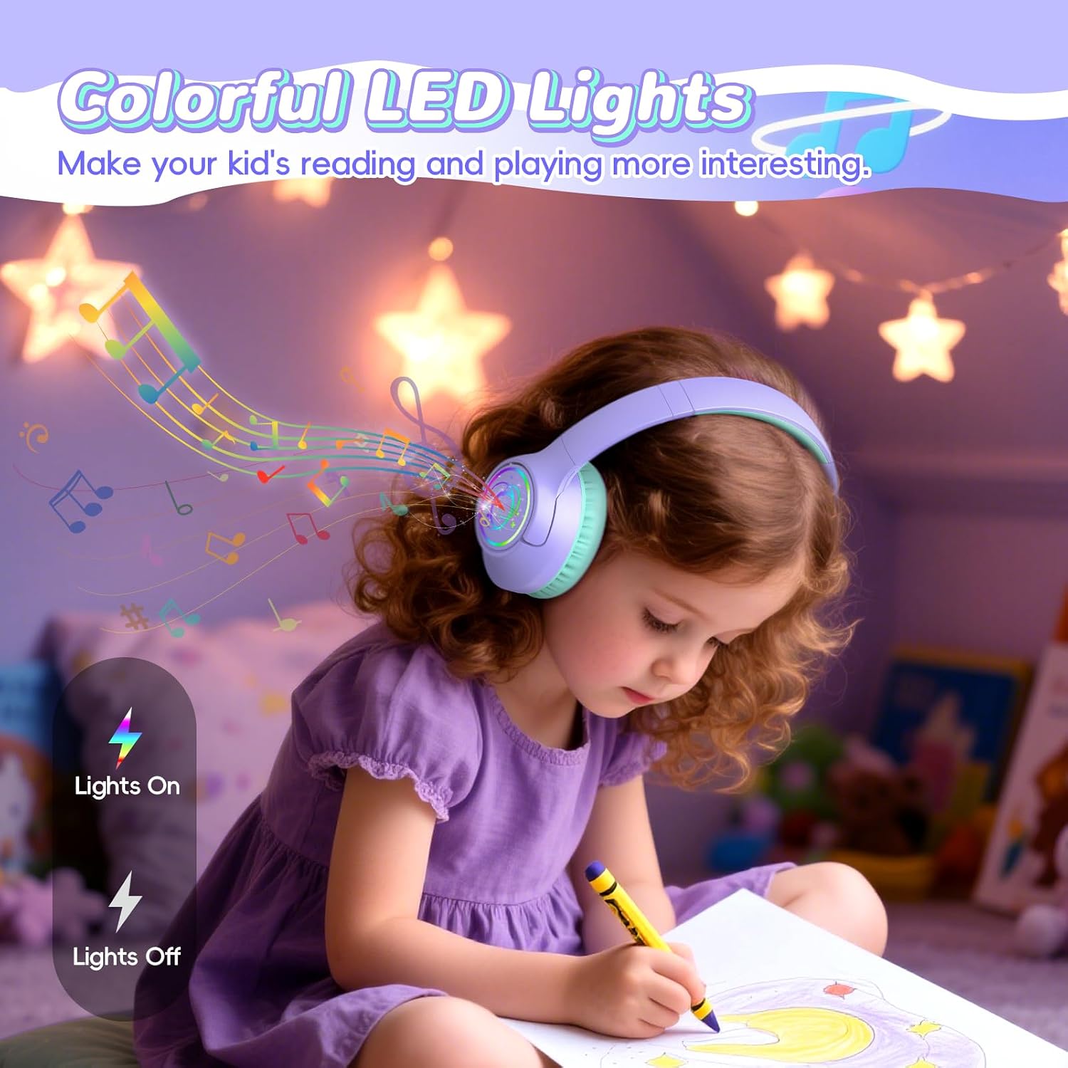 Kids Bluetooth Headphones, 85H Playtime for Toddler Girls, Purple with LED