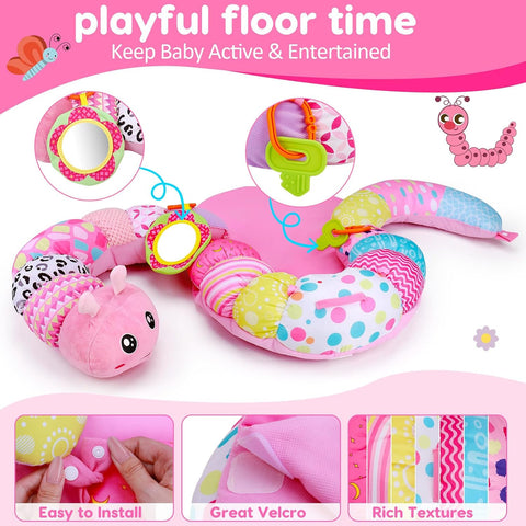 2 in 1 Baby Tummy Time Mat & Support Seated Pillow Infant Newborn Toys 0 1 2 3 4 5 6 Months Pink Caterpillar Sensory Developmental Playmat 0-6 3-6 12 Month Mirror Babies Girls Shower Gifts Essentials