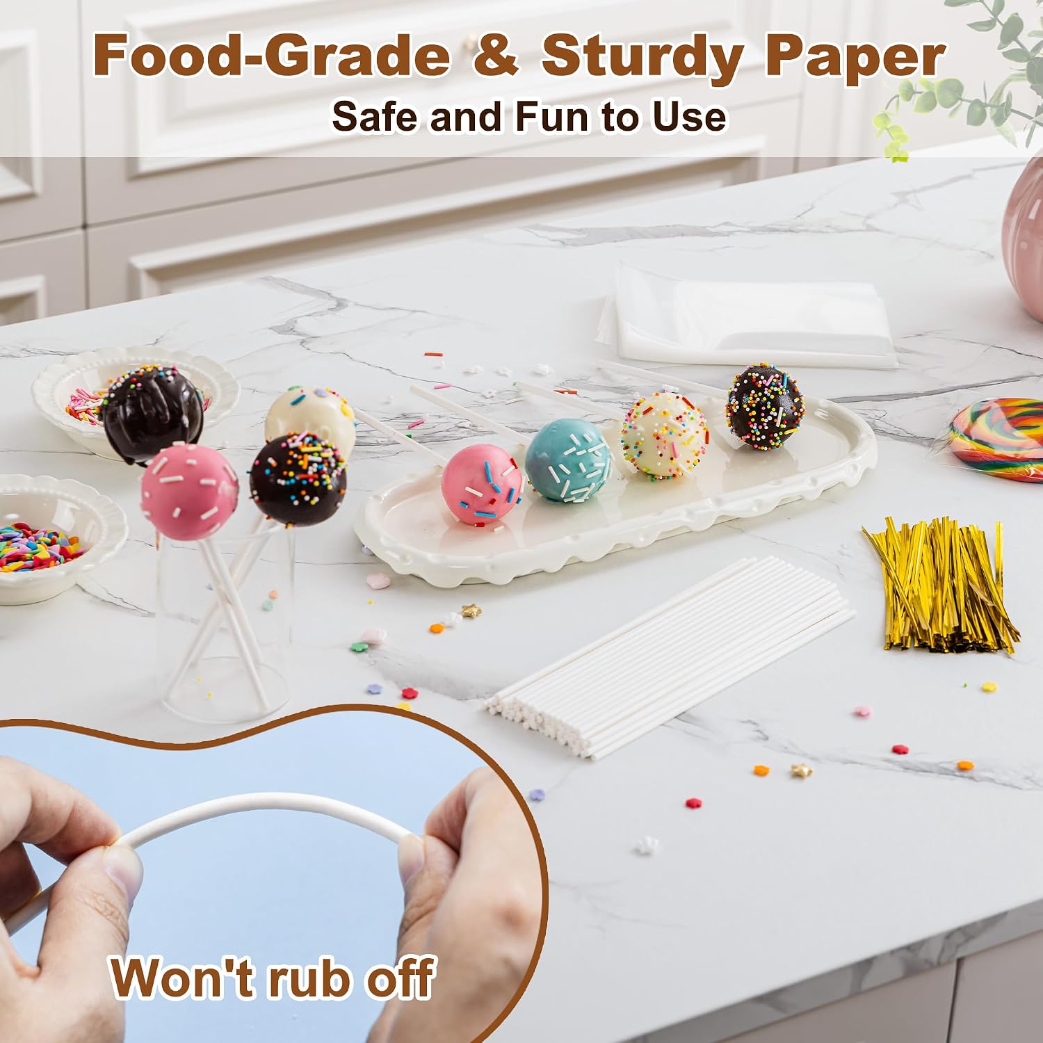 8 Inch Lollipop Sticks and Wrappers Kit, 300 Pcs for Large Cake Pop, Candy