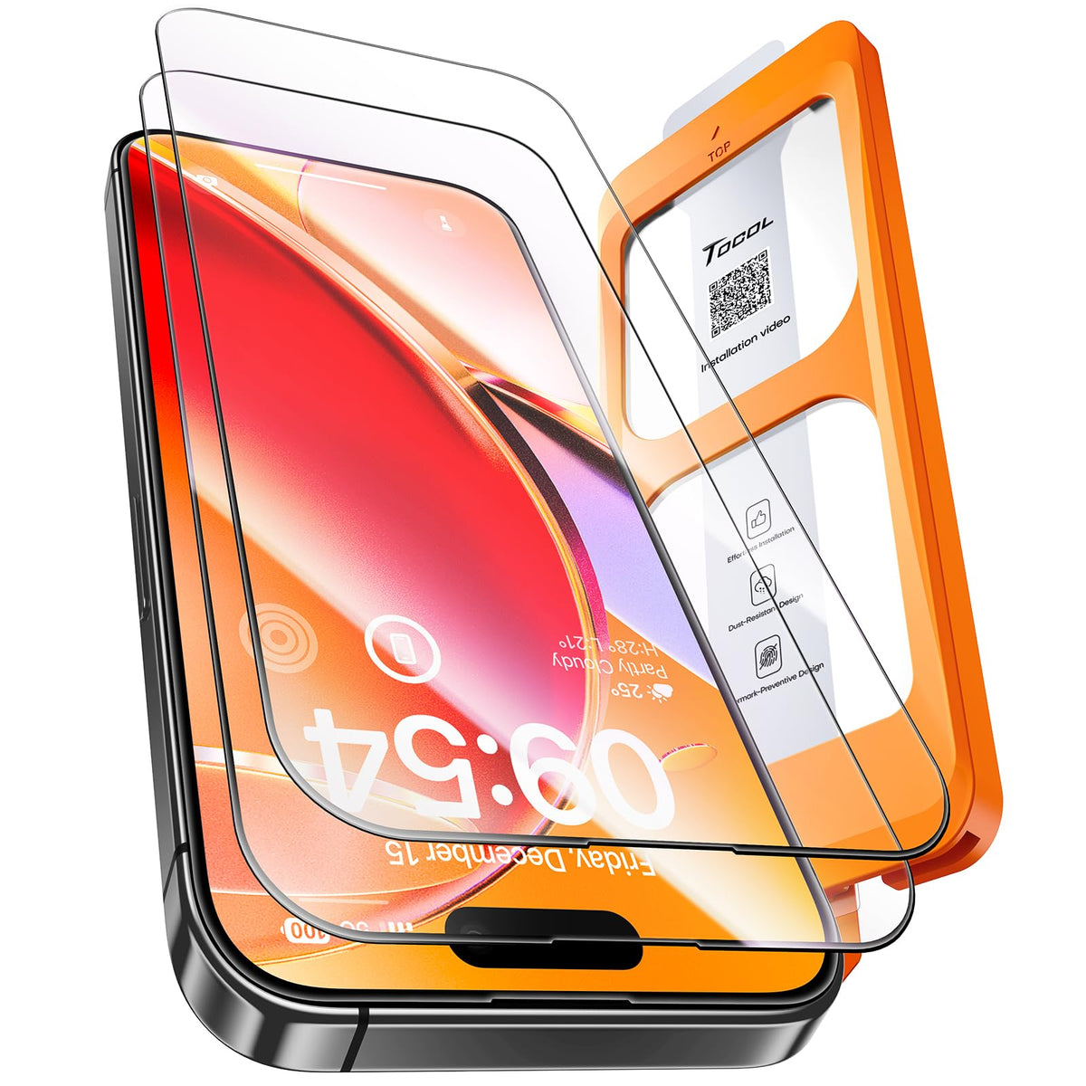 TOCOL for iPhone 16 Pro Screen Protector, [9H Hardness] [Military Grade Shatterproof] HD Tempered Glass for iPhone 16 Pro Full Coverage Screen Protector, Easy Installation, 2 Pack