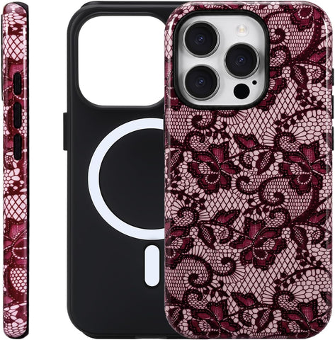 for iPhone 15 Pro Case - Wireless Charging for MagSafe, Dual-Layer Design (Hard PC Shell, Soft TPU Lining), Shockproof Protective Case for Women - Red & Gold Lace Print