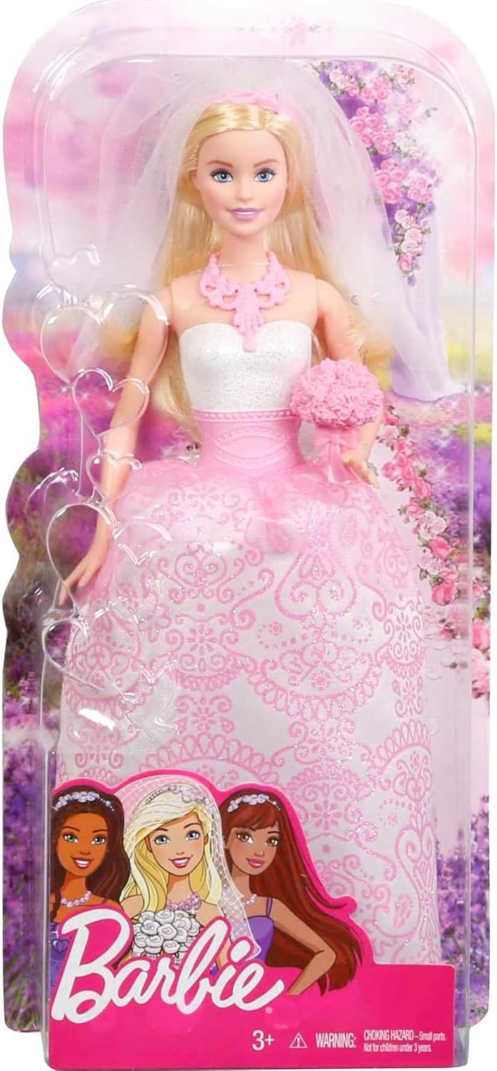 Barbie Bridal Fashion Doll Clothes & Accessories Set, Blonde Bride in Fantasy-Inspired White & Pink Wedding Dress with Ring, Veil & Bouquet