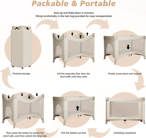 Portable Baby Playard& Playpen with Mattress, Travel Crib, Khaki
