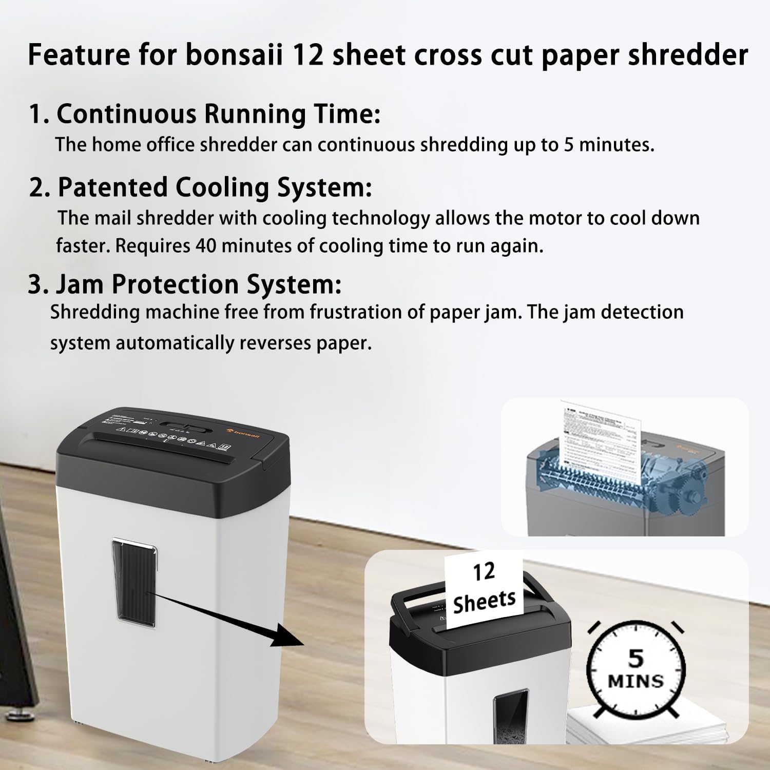 Bonsaii 12-Sheet Cross Cut Shredder, P-4 High Security, 5.5 Gal, Heavy Duty for Home Office, Shreds Paper, Credit Card, Mail, Staples, with Transparent Window, White & Black