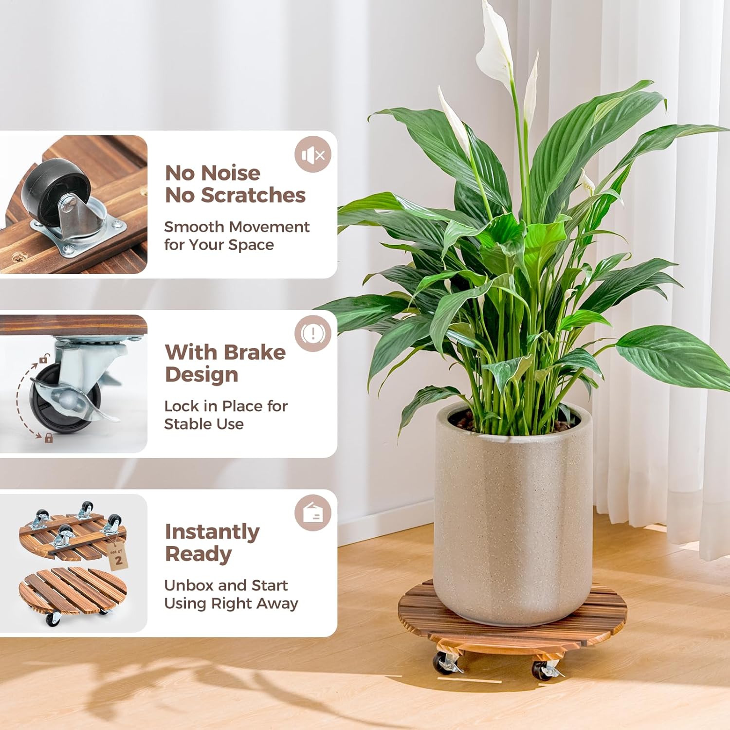 Bamworld Plant Caddy 12 Inch Rolling Tray with Wheels 2 Pack