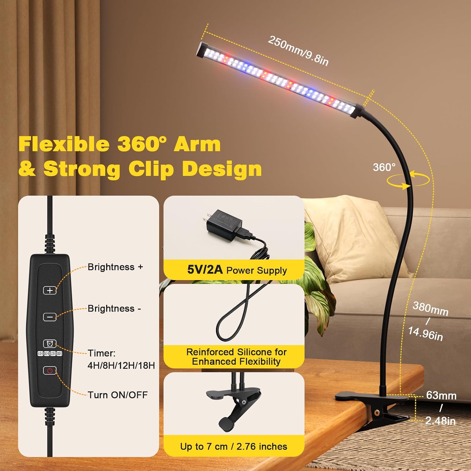 Grow Lights for Indoor Plants, Clip-On LED Clamp, Single Head