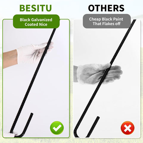 Besitu 24 inches J Hook Rebar Stakes (16-Pack), Extra Long Garden Stakes with Chisel Point End Steel Rebar Ground Stakes for Tent Chain Link Fence and Outdoor Decorations Black Coated