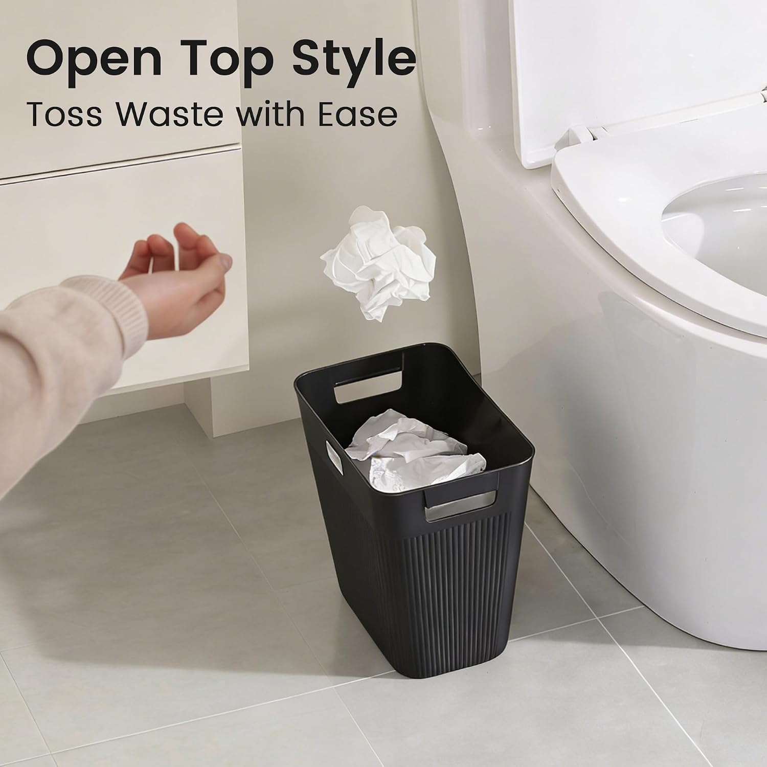 JOYMOOP Slim Trash Can 3-Pack, 2.2 Gallon Plastic Wastebasket for Bathroom, Bedroom, Office, Kitchen with 4 Rolls Bags, Black