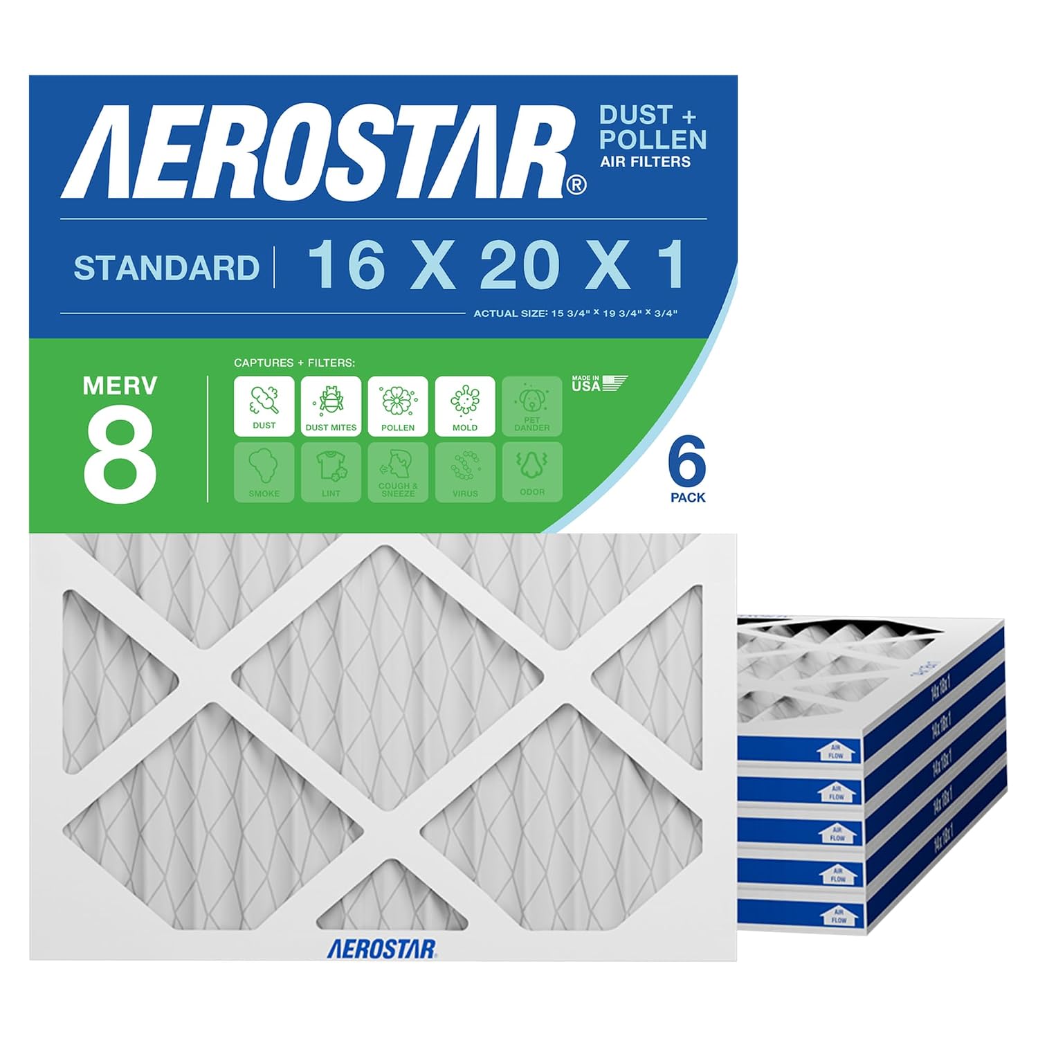 Aerostar Air Filter 16x20x1 MERV 8 AC Filter, HVAC, Furnace Filter, 6 Pack