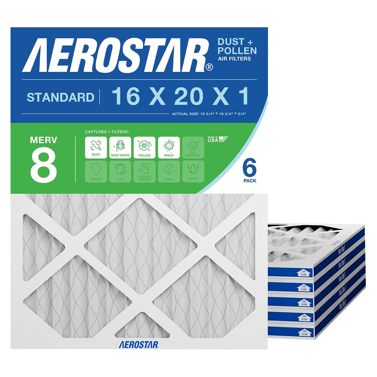 Aerostar Air Filter 16x20x1 MERV 8 AC Filter, HVAC, Furnace Filter, 6 Pack