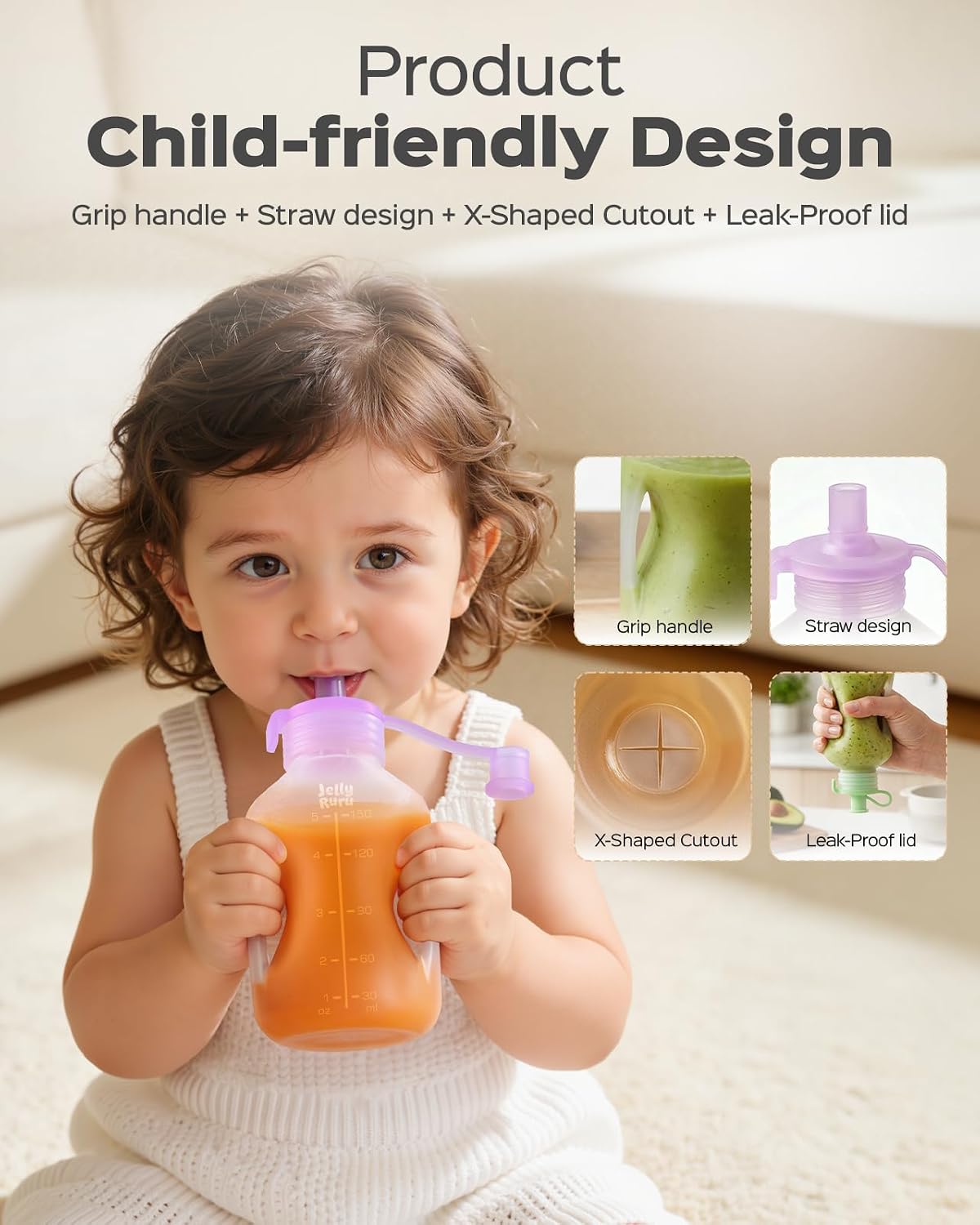 Jelly Ruru Silicone Reusable Baby Food Pouches, 5oz Squeeze Pouch, 2 Pack