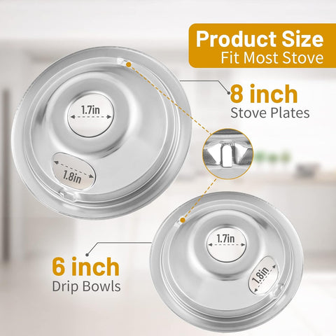 4-Piece Drip Pans Set - Compatible with GE Stoves - Chrome Finish Electric Stove Burner Drip Pans - 2 x 6inch, 2 x 8inch Stove Drip Pans - GE Stove Drip