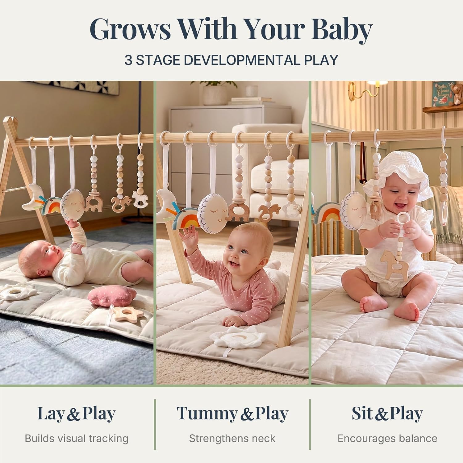 Wooden Play Gym with Beige Mat, Foldable Baby Play Gym, Infant Activity Mat with 6 Hanging Toys, Natural Pine Wood Frame Activity Center, Easy to Assemble & Clean, Newborn Present for Boys & Girls