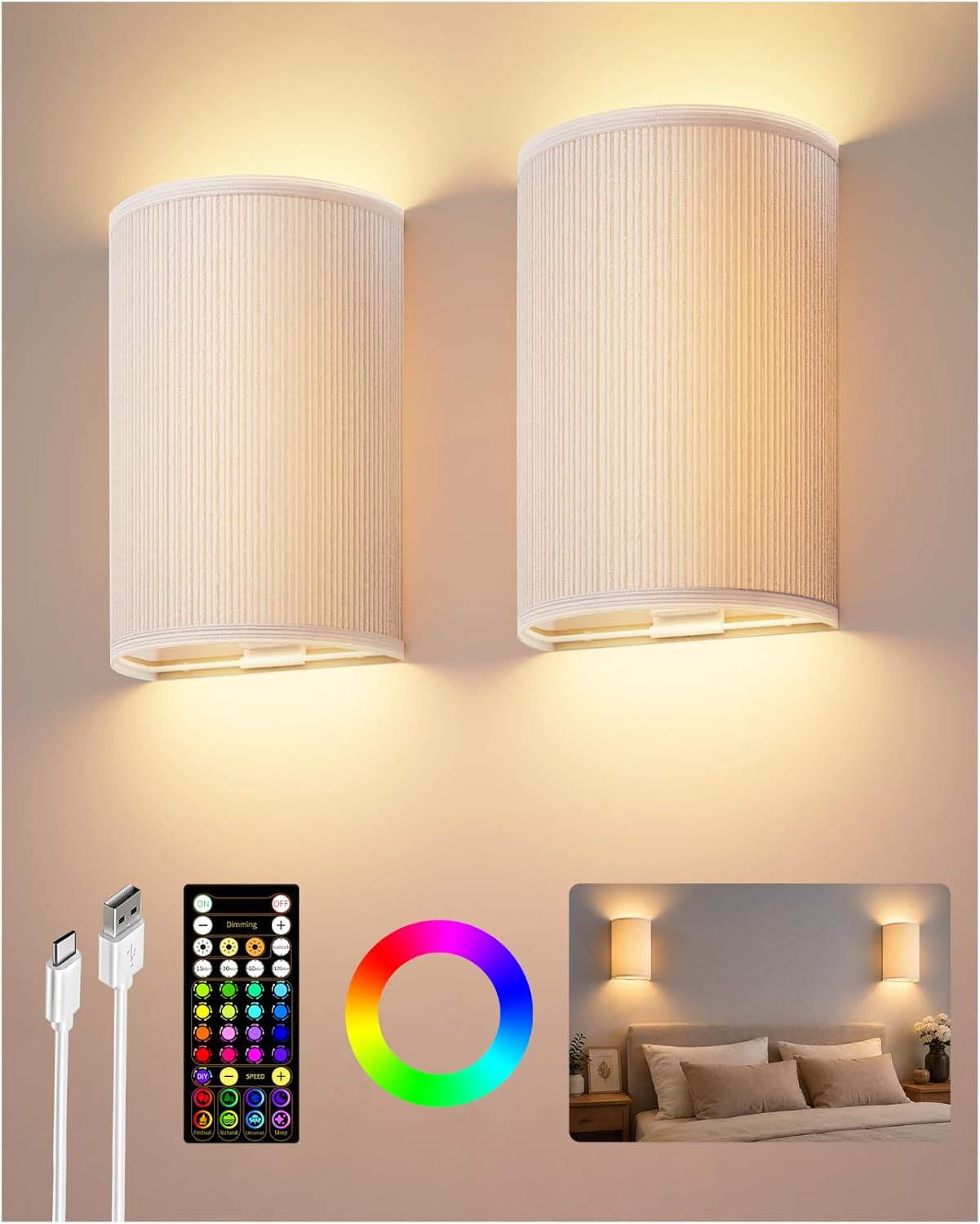 EZVALO Battery Operated Wall Sconce, Pleated Shades Wireless Wall Sconces Set of Two with Remote, 3 Color & 80 RGB Rechargeable Wall Lights, Dimmable, Timer, Wall Lamp for Bedroom (White 2Pack)
