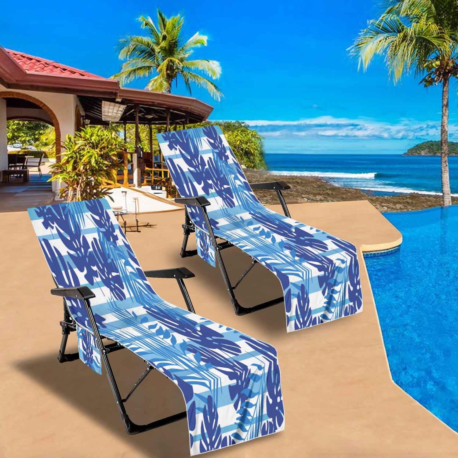 Mrcrypos Lounge Chair Towel Cover,Navy Blue Art Summer Tropical Leaves Striped Chaise Lounge Cushion Cover,Beach Chair Covers with Pockets Pack of 2 for Pool Garden Outdoor Trips,82.6"X29.5"