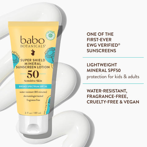 Babo Botanicals Sheer Mineral Sunscreen Lotion SPF 50 with 100% Mineral Active Ingredients for Babies, Kids or Extra Sensitive Skin, Lightweight, Water Resistant & Fragrance Free, 3 Fl Oz