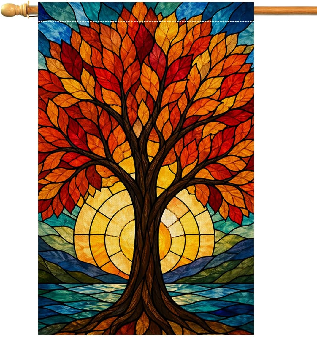 Fall Stained Glass Tree of Life House Flag 28x40 Sunset Leaves Yard Decor