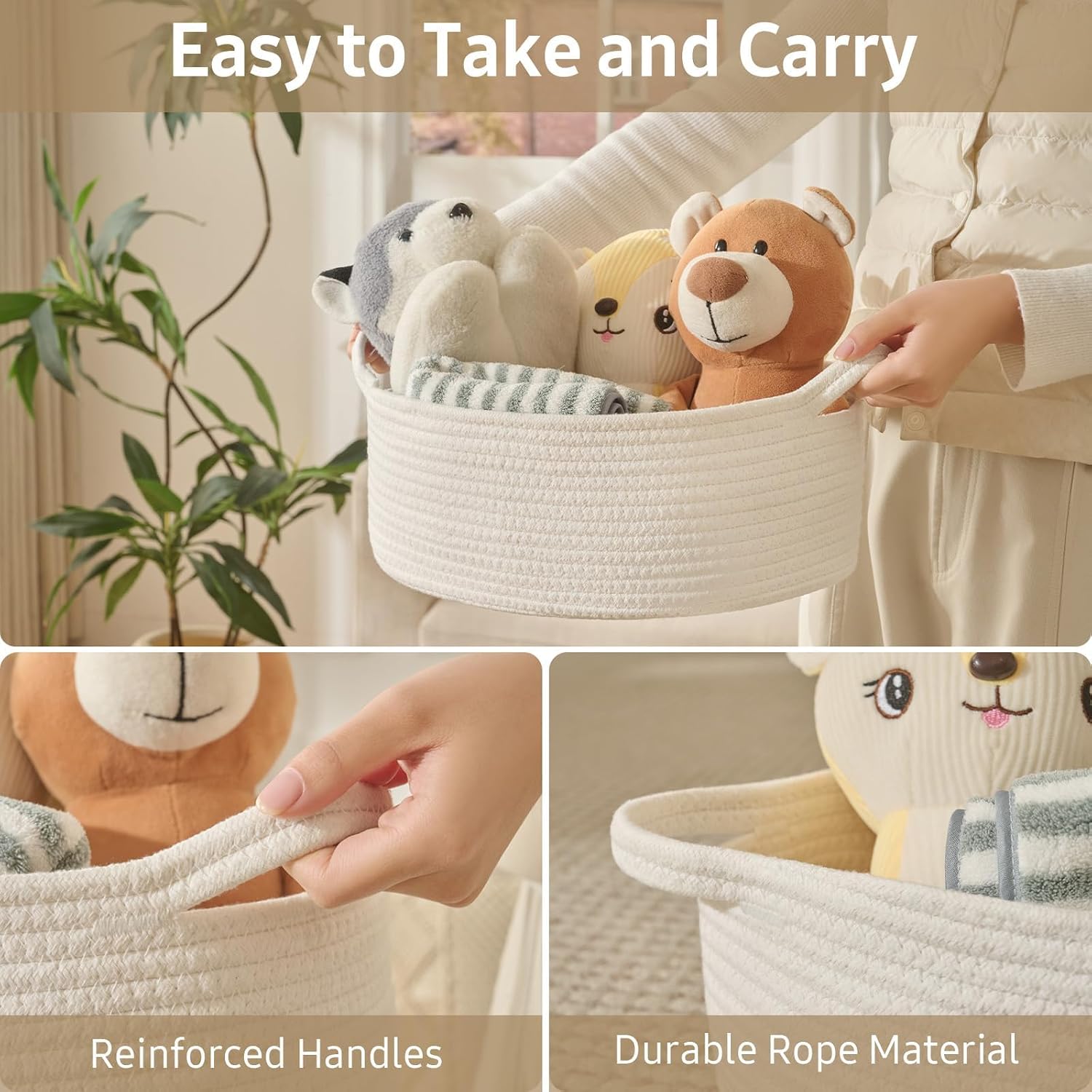 Optish White Medium Woven Rope Basket, Gift Empty Basket with Bag & Ribbon
