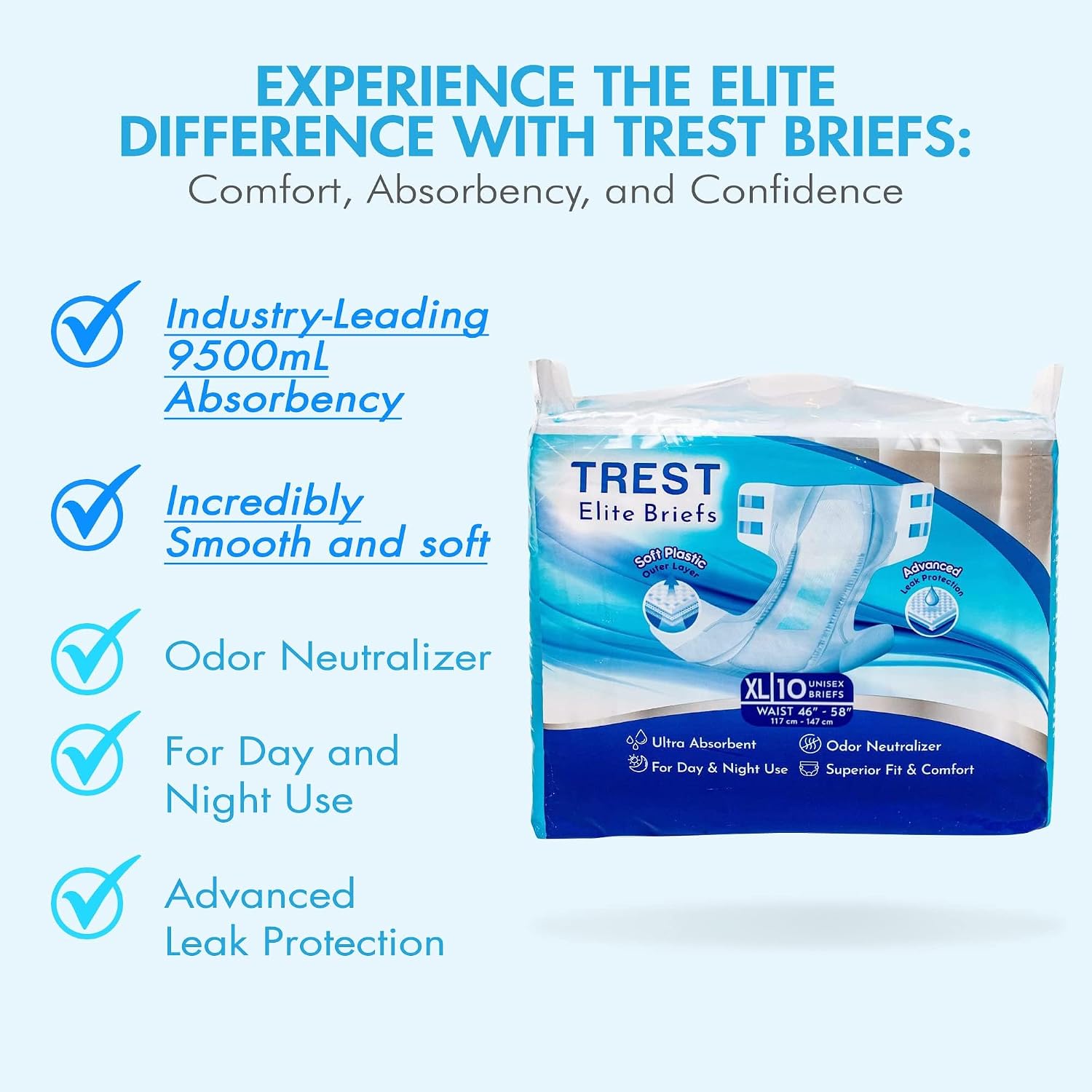 TREST Elite Briefs for Men and Women, Overnight Diapers for Incontinence, Elite Absorbency, Comfortable, Odor Neutralizing and Secure Fit with 2 Wide Tabs - White, X-Large (Pack of 10)