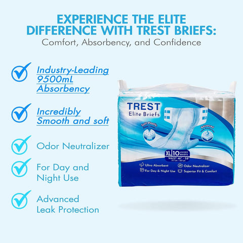 TREST Elite Briefs for Men and Women, Overnight Diapers for Incontinence, Elite Absorbency, Comfortable, Odor Neutralizing and Secure Fit with 2 Wide Tabs - White, X-Large (Pack of 10)