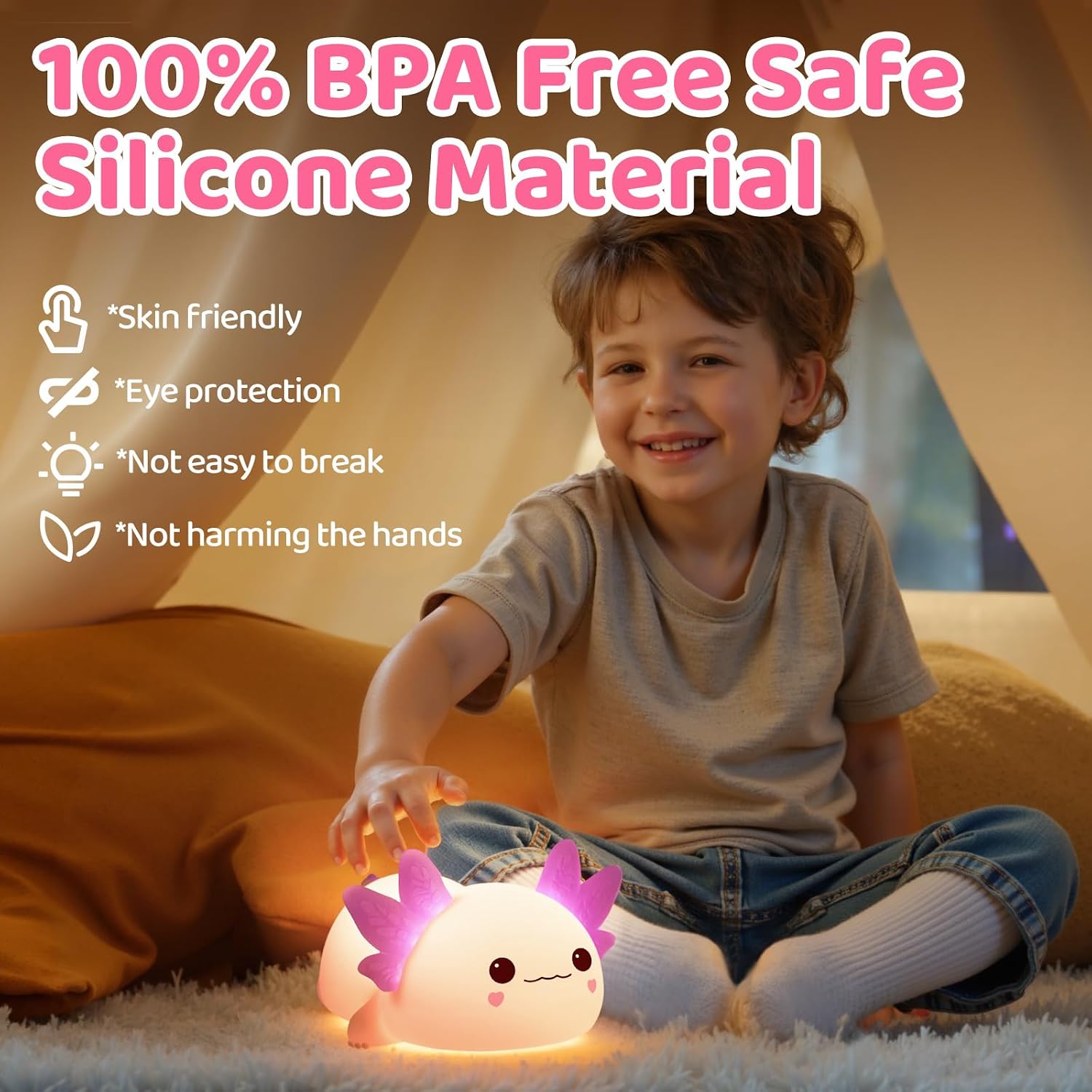 Mewaii Huggwaii Squishy Axolotl Night Light for Kids, BPA-Free