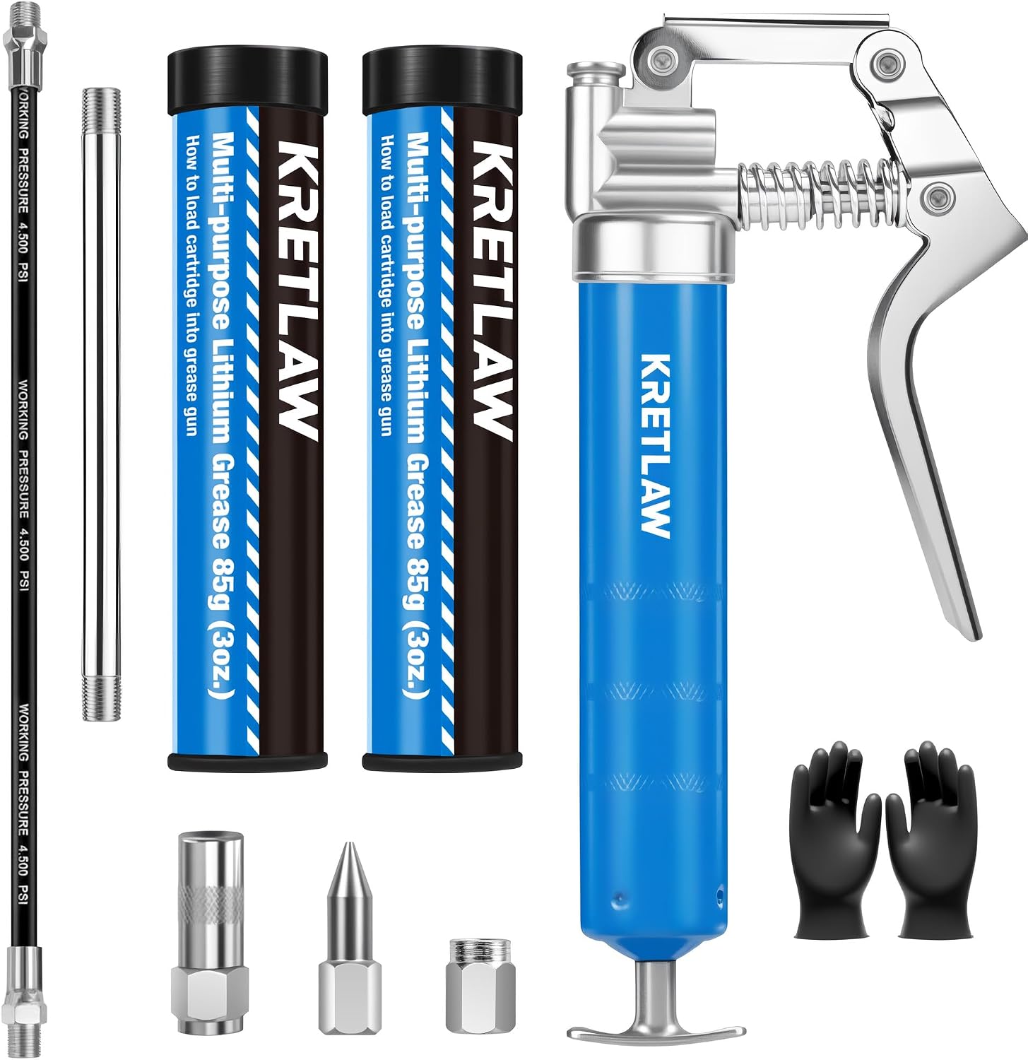 KRETLAW Mini Grease Gun (3000PSI) with Double 3oz Cartridge Grease and 12'' Flex Hose, Reinforced Coupler for Automotive,Marine
